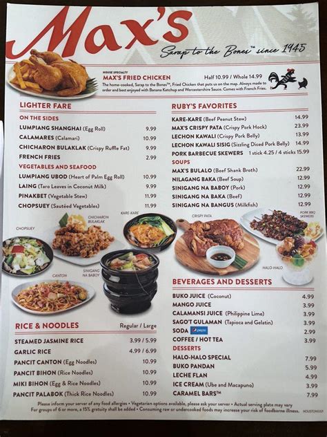 Max's Restaurant Menu, Menu for Max's Restaurant.